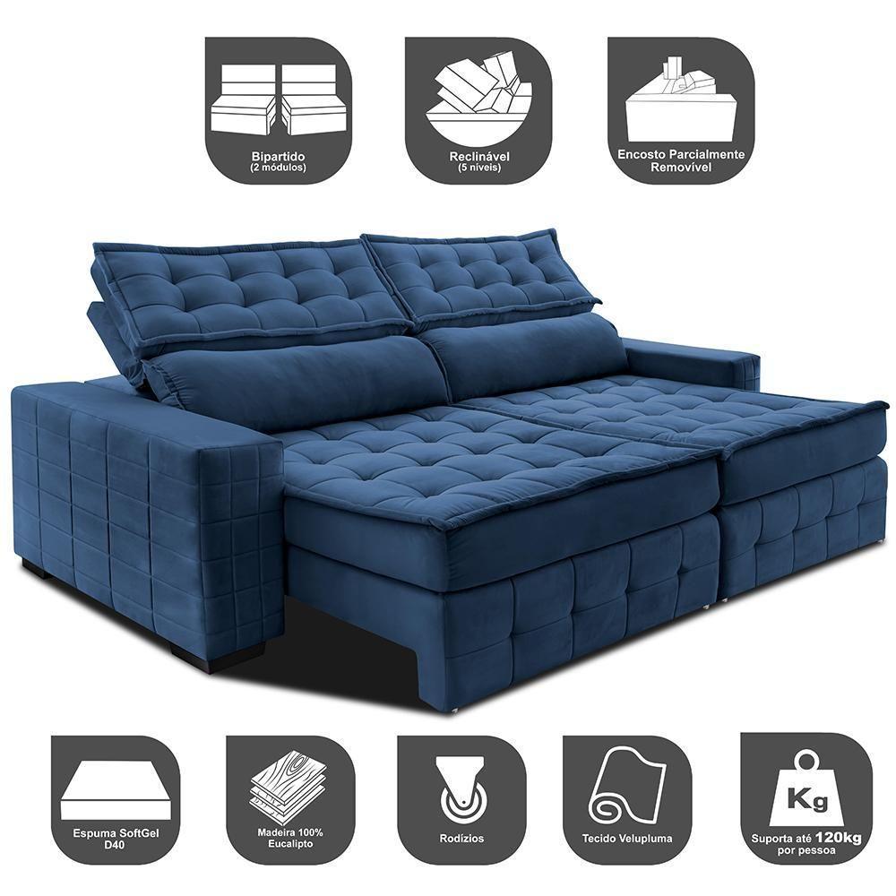 Sofá Retrátil E Reclinável 2,35M Cama Inbox Big Puffer Com Softgel D40 Velupluma Azul - 7