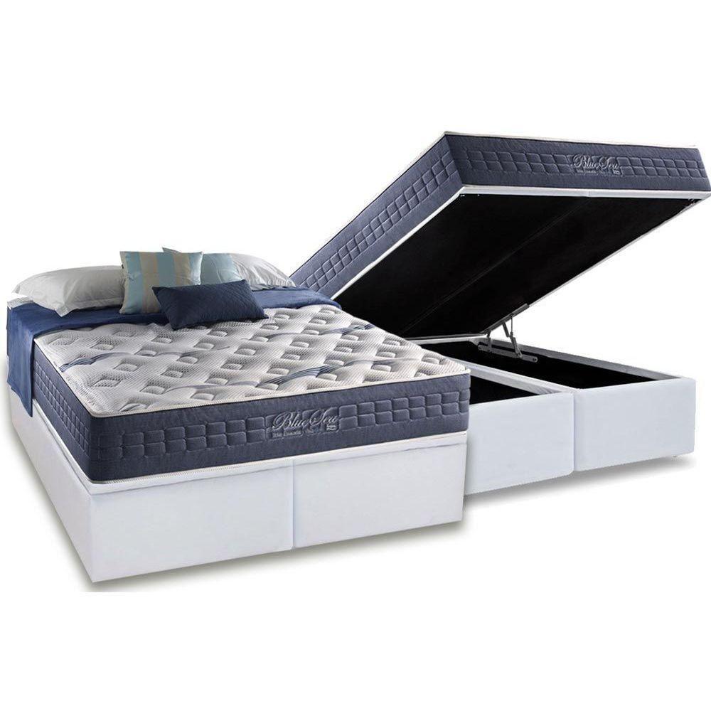 Cama Box Baú Queen: Colchão Molas Ensacadas Anjos Masterpocket Bluse Sea + Base White(158X198) - 1
