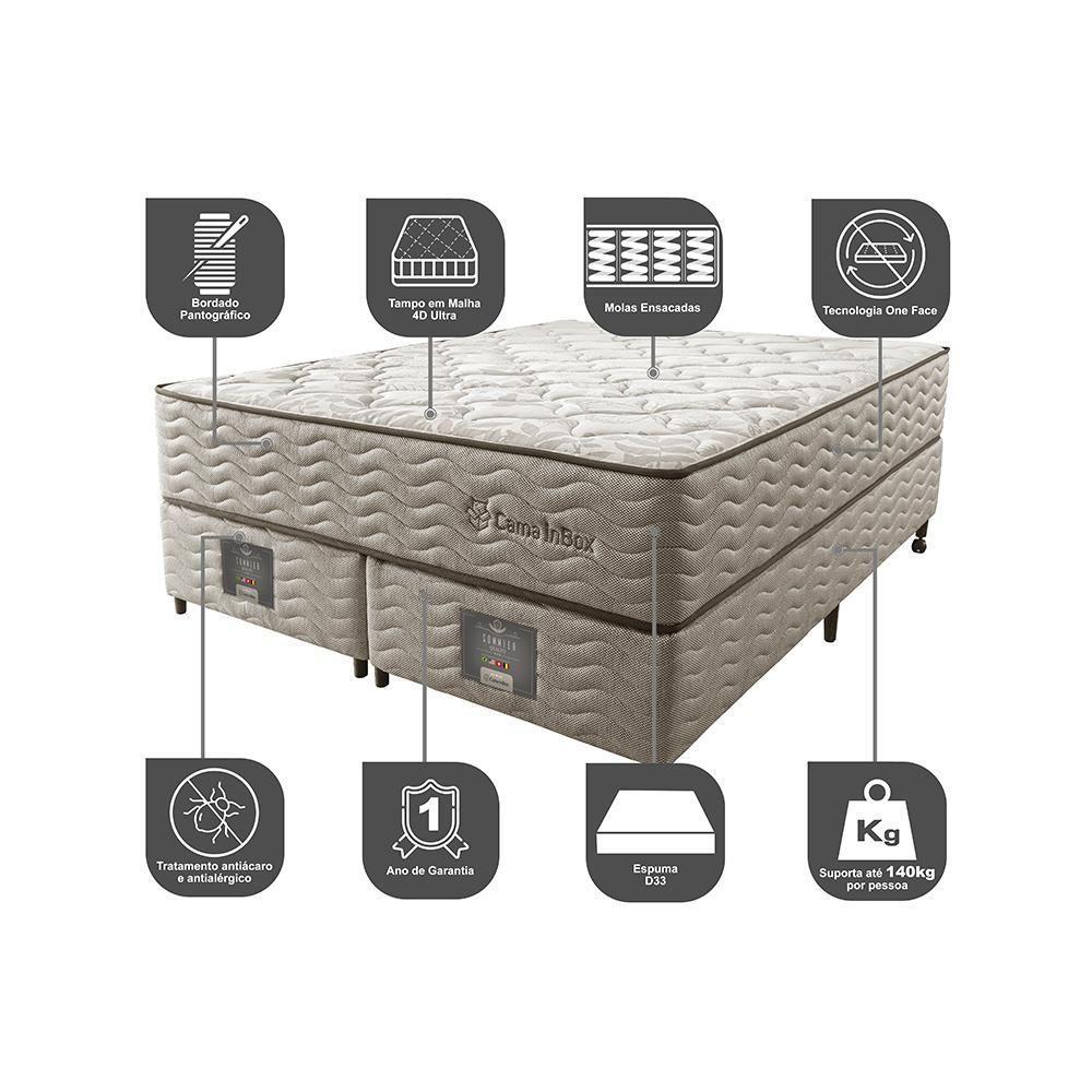 Cama Box King Colchão Euro + Box 193x203x71 Molas Ensacadas Cama Inbox Ocean Bege - 5
