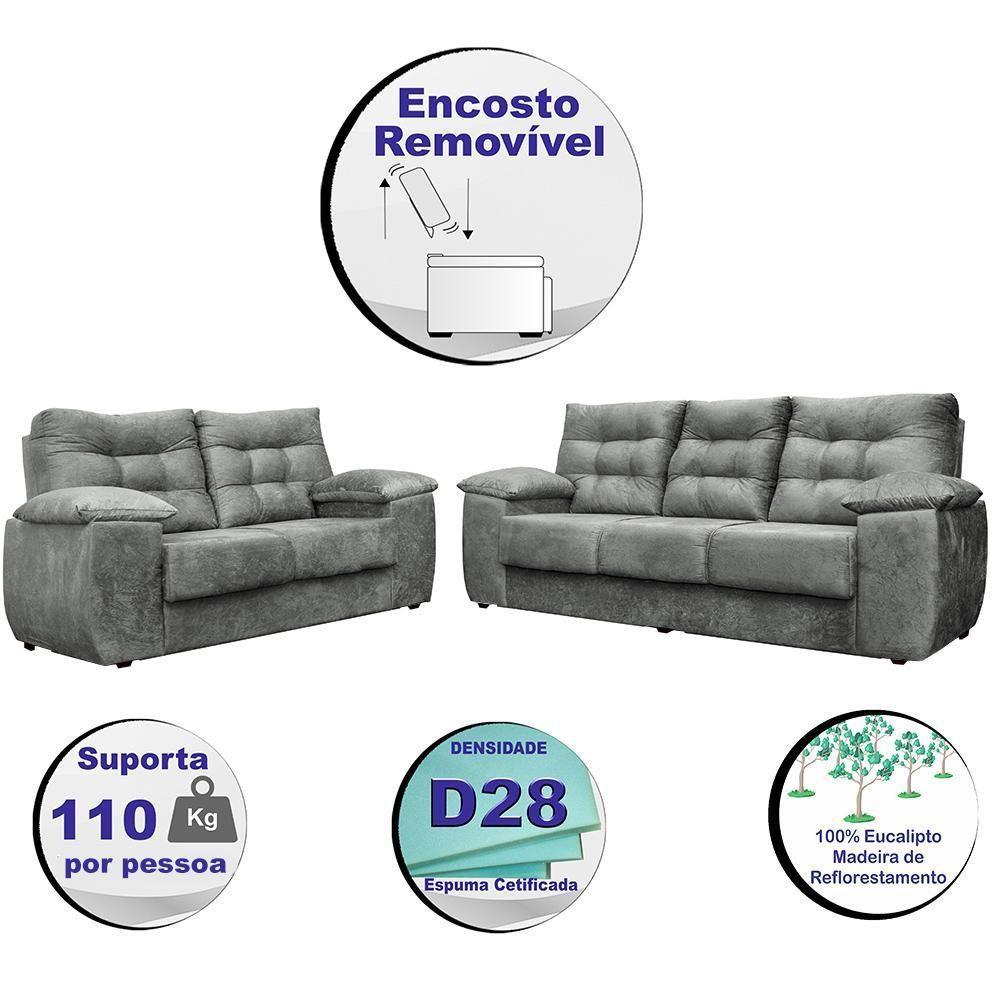 Conjunto Sofá Luxemburgo 3 E 2 Lugares 1,52m E 2,02m Suede Cinza - 5