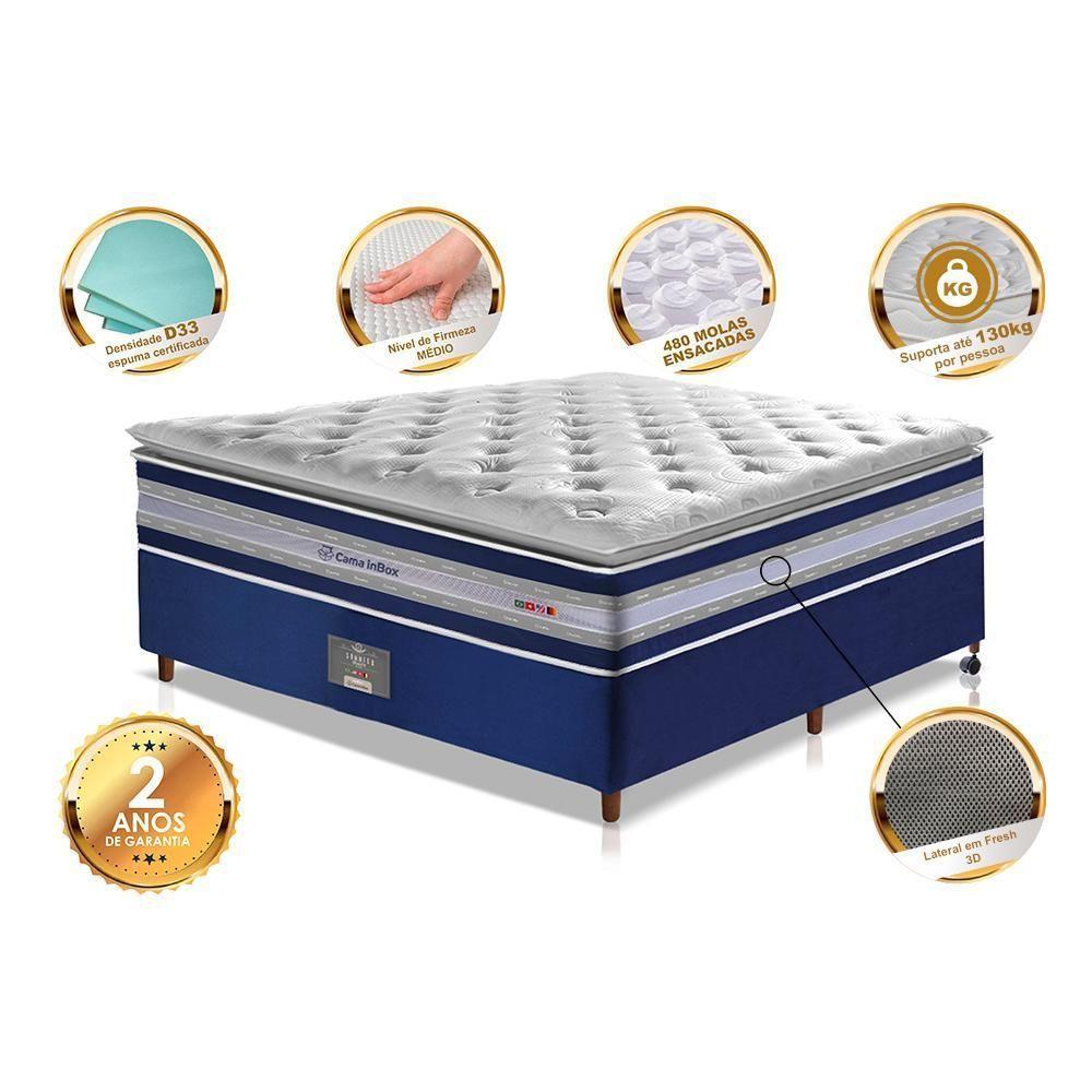 Conjunto Cama Box Casal De Molas Ensacadas D33 Com Pillow Top Cama Inbox Select 138x188x71 Azul - 4