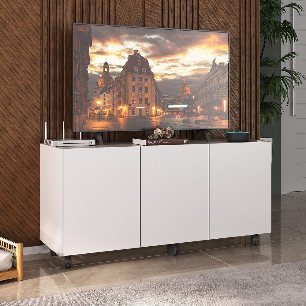 Rack Para Tv Até 32 Polegadas Com 3 Portas E Rodízios Multimóveis Mp1065 Branco Branco - 2