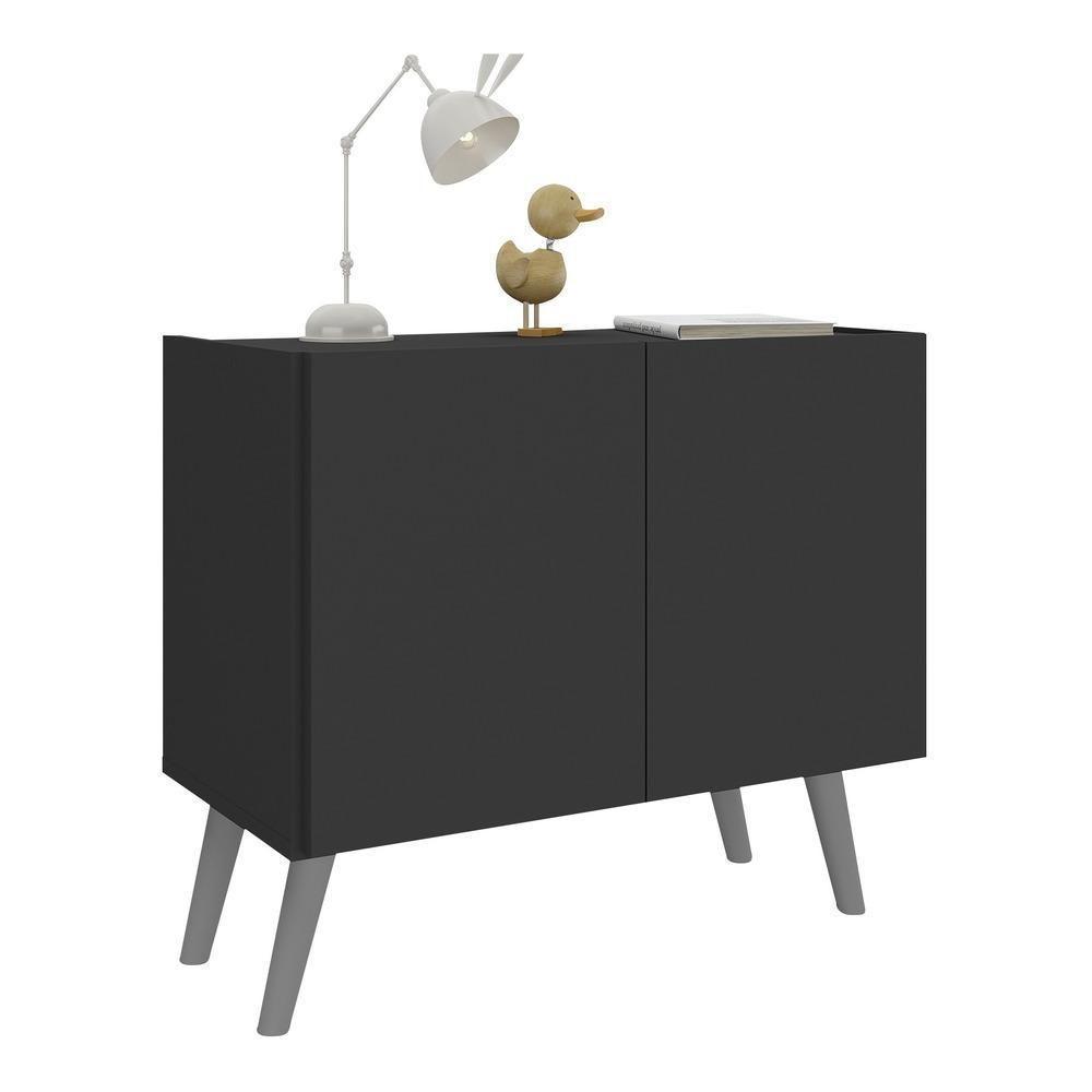 Mesa De Cabeceira Retrô 2 Portas Multimóveis Mp4133 Preta/cinza Preto/cinza - 1