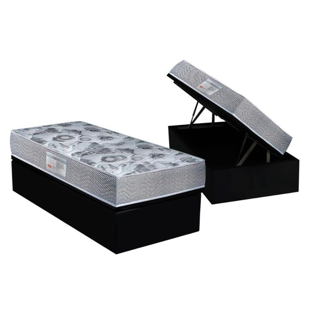 Cama Box Baú Solteiro: Colchão Anatômico Ortobom D28 / EP ISO 60 + Base CRC Suede Black(88x188) - 1