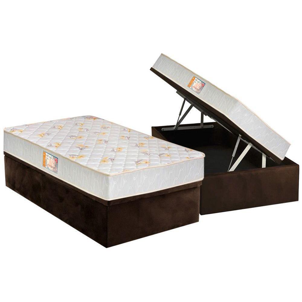 Cama Box Baú Solteiro: Colchão Espuma Castor D28 Sleep Max Duplo + Base CRC Suede Marrom(88x188) - 1