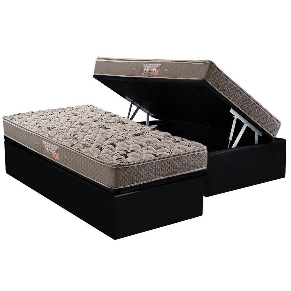 Cama Box Baú Solteiro: Colchão Espuma Herval Ag65 Fort Black Firme Pillow Top + Base Crc Suede Black - 1