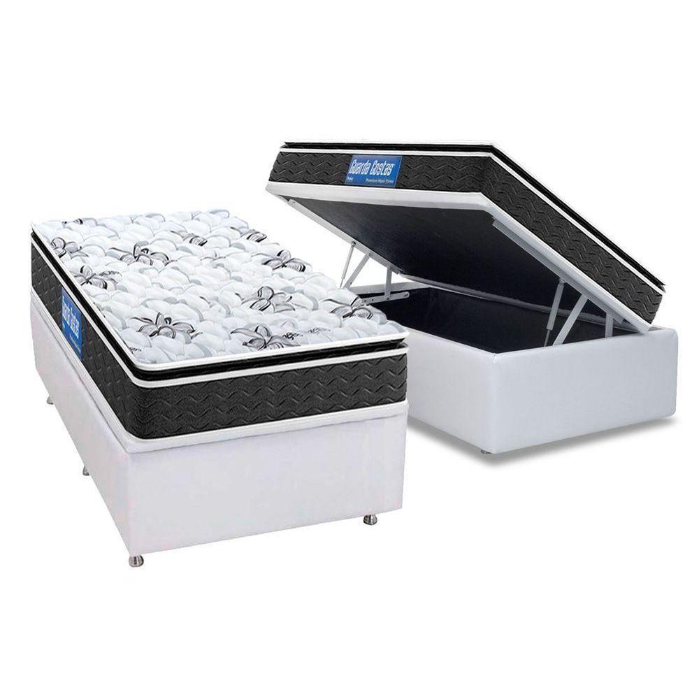 Cama Box Baú Solteiro: Colchão Anatômico Probel D40 Guarda Costas Premium Hiper Firme Pillow Top + Base CRC Courano White(88x188) - 1