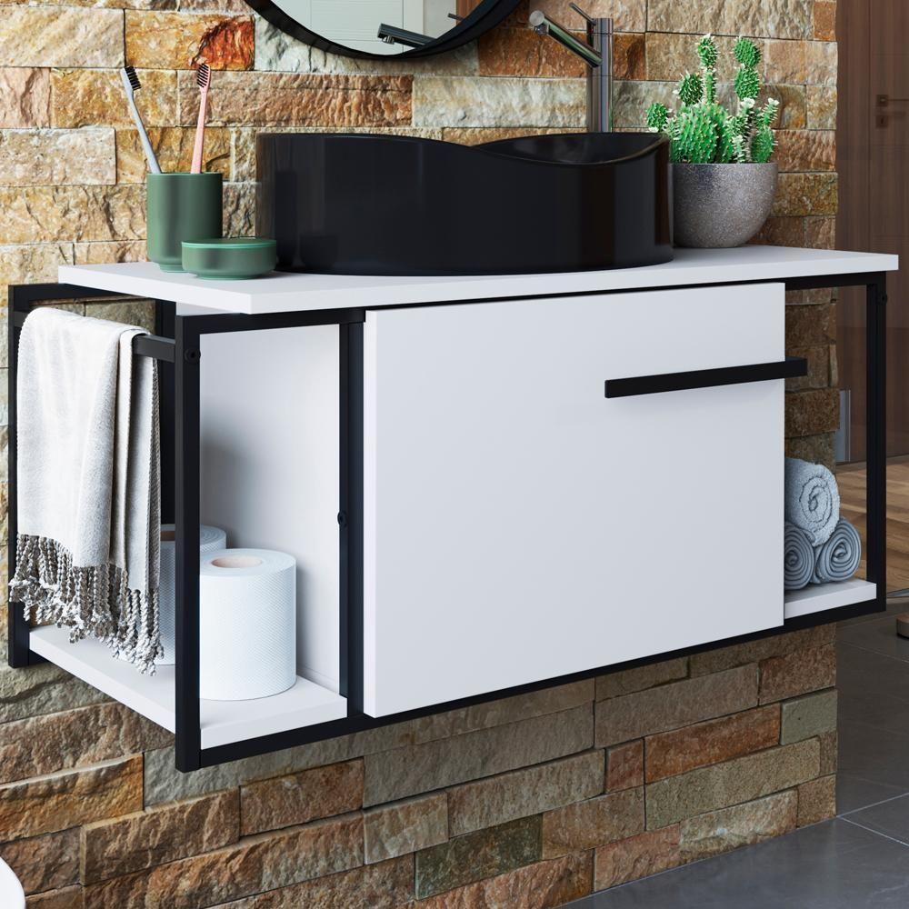 Gabinete Susp E Cuba Marmore Sintetico P1019x941012 Branco Preto Pp Branco Preto - 2