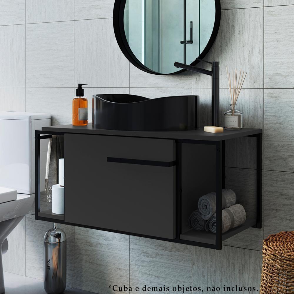 Gabinete Suspenso Para Banheiro 1 Pt Basc P1019 Preto Grafite Pp Preto Grafite - 4