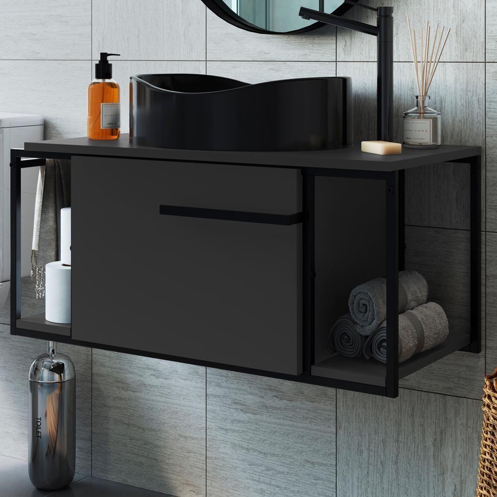 Gabinete Suspenso Para Banheiro 1 Pt Basc P1019 Preto Grafite Pp Preto Grafite - 6