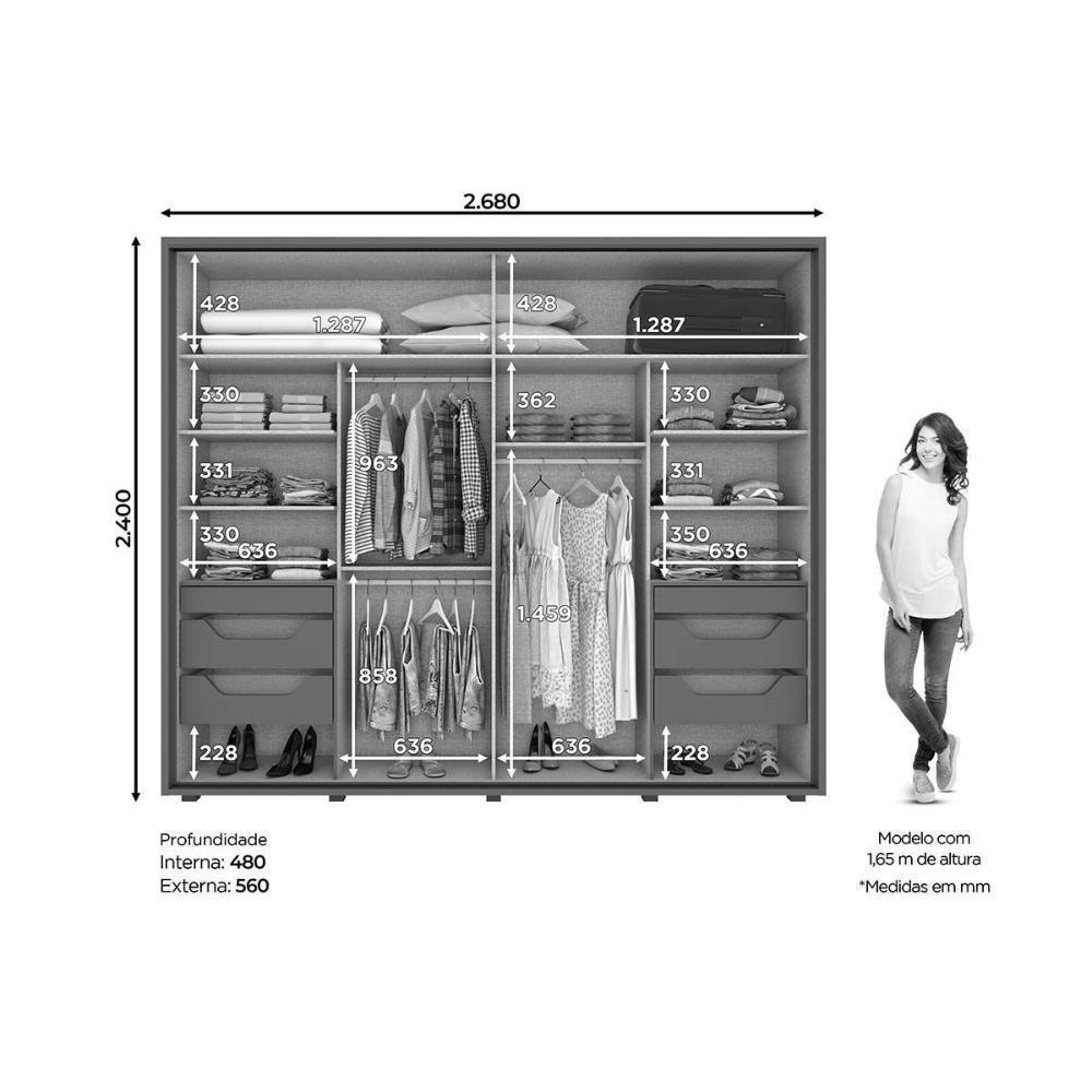 Guarda Roupas 2 Portas de Correr  e 6 Gavetas c/ Espelho Cavic Duna/Off White - Henn - 4