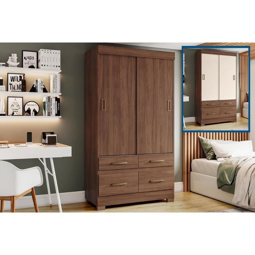 Guarda Roupas 2 Portas de Correr  e 4 Gavetas Briz BE5 Castanho/Off White - Henn - 1