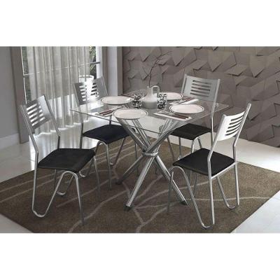 Conjunto: Mesa Sala Jantar Volga c/ Tampo Vidro 90cm+4 Cadeiras Nápoles Cromado/Courano Preto - Kappesberg