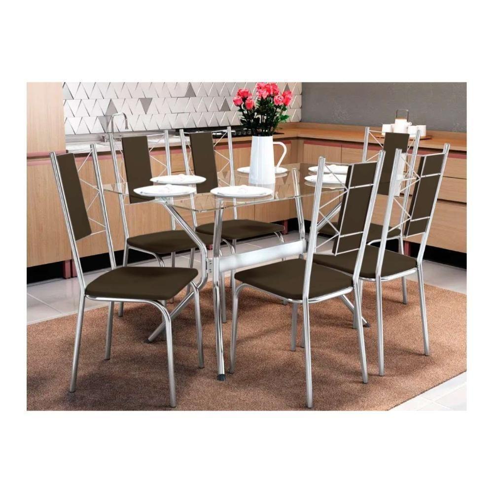 Conjunto: Mesa de Cozinha Loire c/ Tampo de Vidro 150cm + 6 Cadeiras Lisboa Cromado/Marrom - Kappesberg - 1