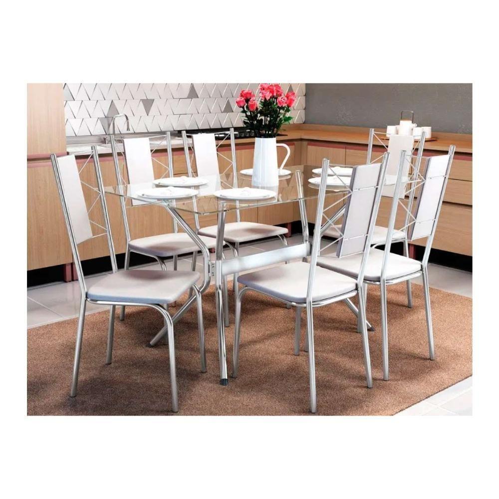 Conjunto: Mesa Sala Jantar Loire c/ Tampo Vidro 150cm + 6 Cadeiras Lisboa Cromado/Courano Branco - Kappesberg - 1