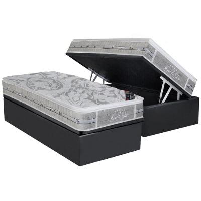 Cama Box Baú Solteiro: Colchão Molas Castor Pocket Super Luxo Látex SLX + Base CRC Suede Cinza(88x188)