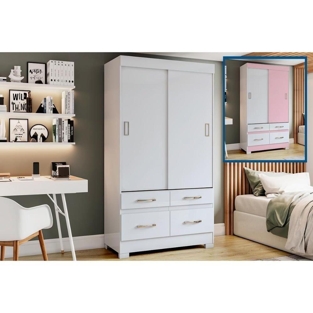 Guarda Roupa 2 Portas  de Correr e 4 Gavetas Briz BE25 Branco/Rosa - Henn - 2
