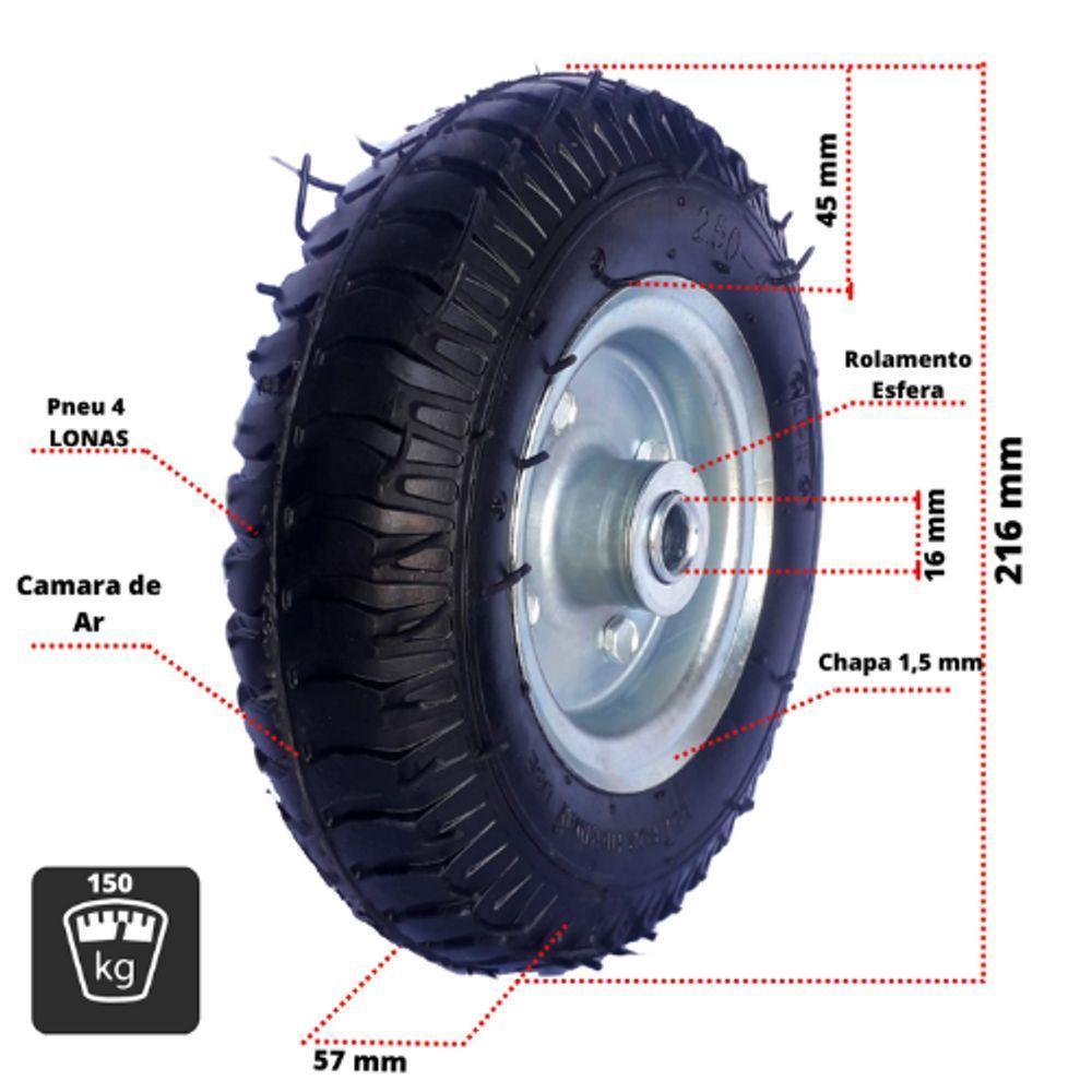 Roda Pneu 250-4 Carrinho De Carga 4 Lonas 5/8 Rol.esfera - 3