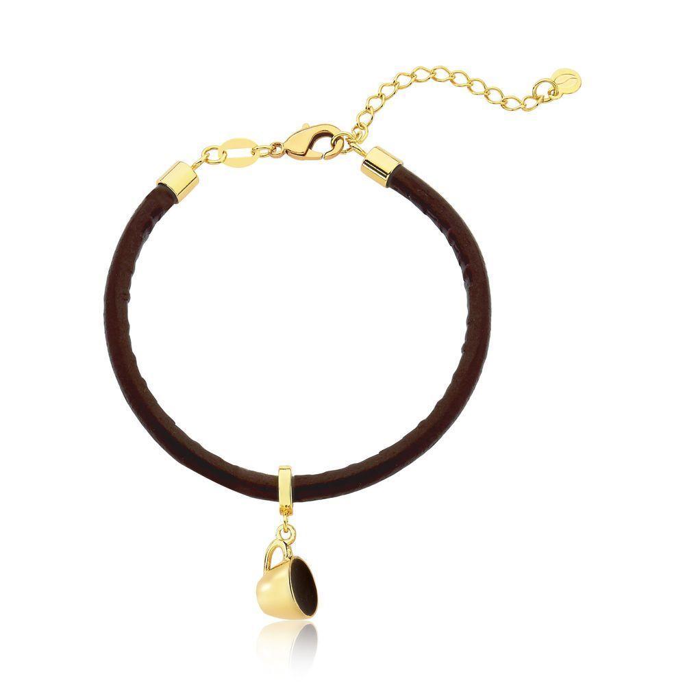 Pulseira De Couro Vl Café Com Xícara Revestida Em Ouro. - 1
