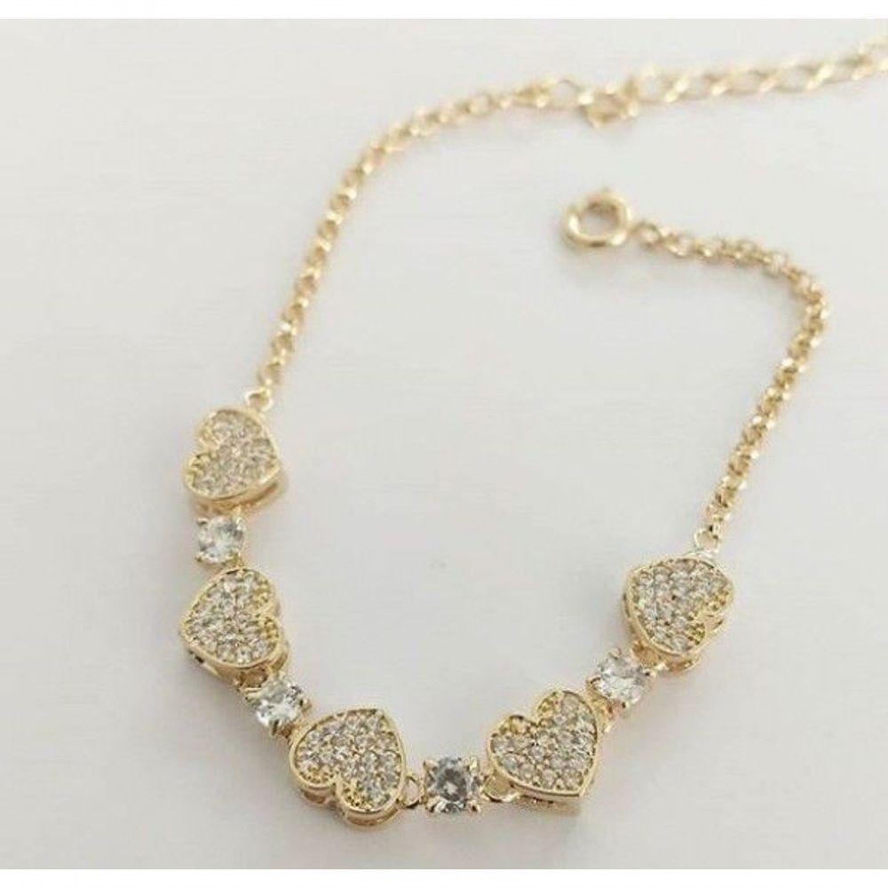 Pulseira Corações E Ponto De Luz Cristais Banho De Ouro Mulher - 1