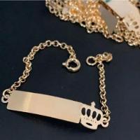 Pulseira Chapinha Infantil Coroa Elo Português Banho De Ouro F 5.8 - 2