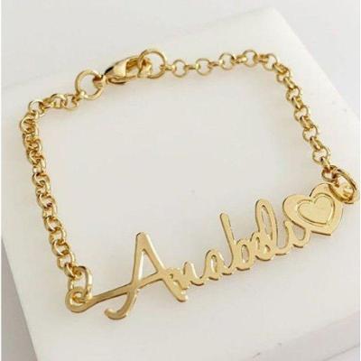 Pulseira Infantil Manuscrito Coração Nome Banho De Ouro Princesa