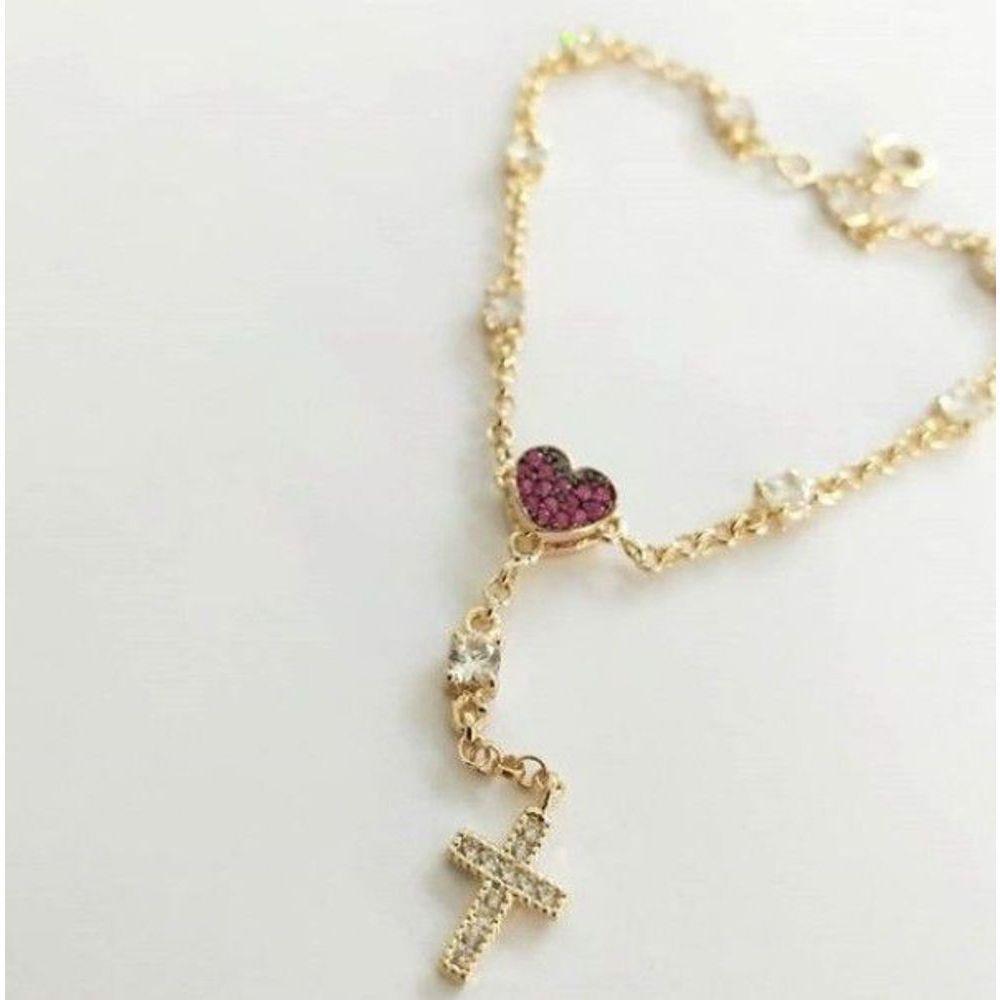 Pulseira Estilo Terço Ponto De Luz Coração Rubi Cruz Banho De Ouro - 2