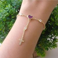 Pulseira Estilo Terço Ponto De Luz Coração Rubi Cruz Banho De Ouro - 7