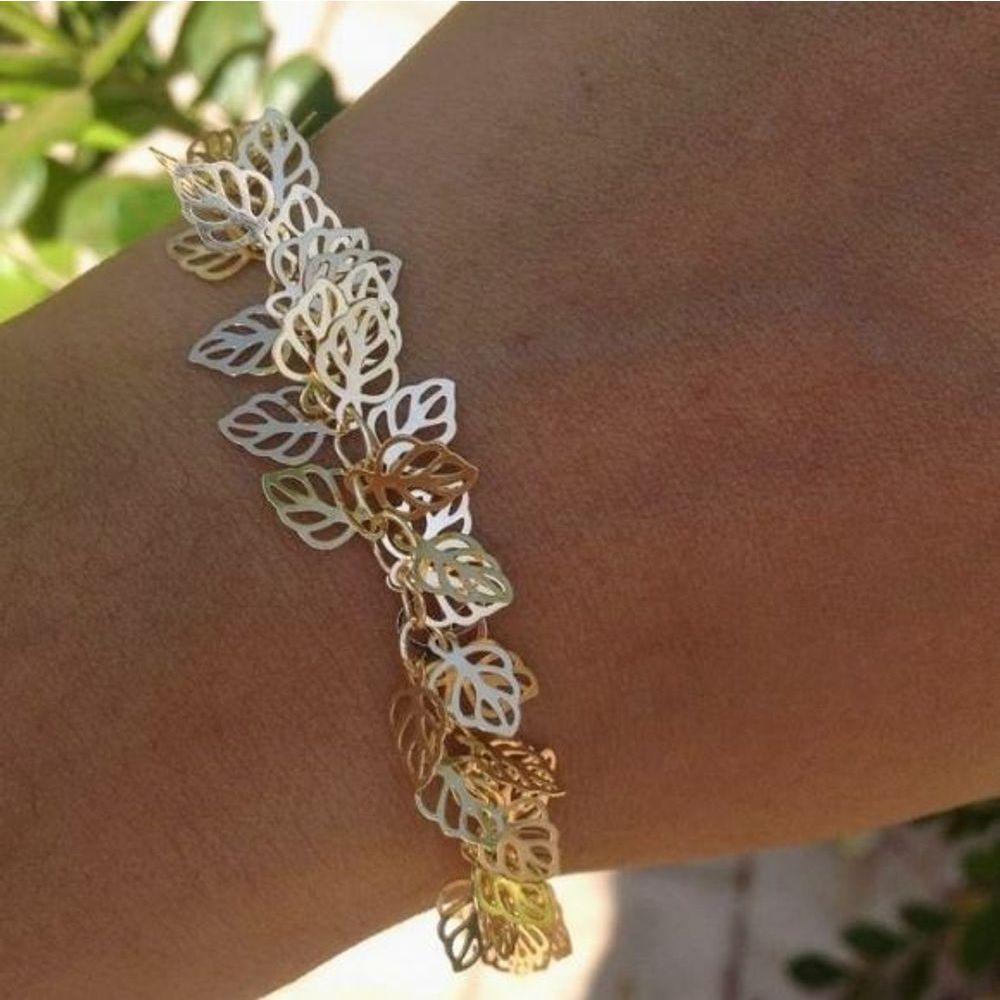 Pulseira Com Várias Folha E Ponto De Luz Banhada A Ouro - 3