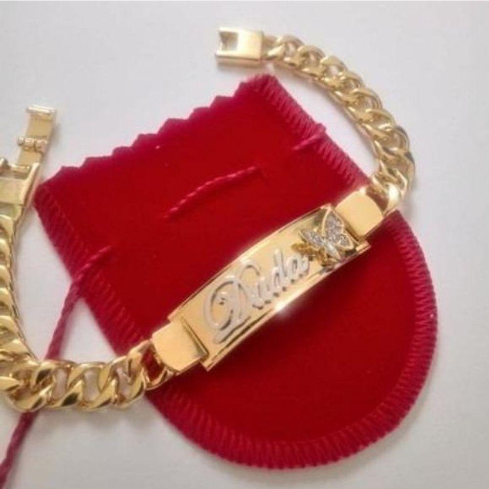 Pulseira Chapa Personalizada Com Borboleta Cravejada Banhado A Ouro - 1