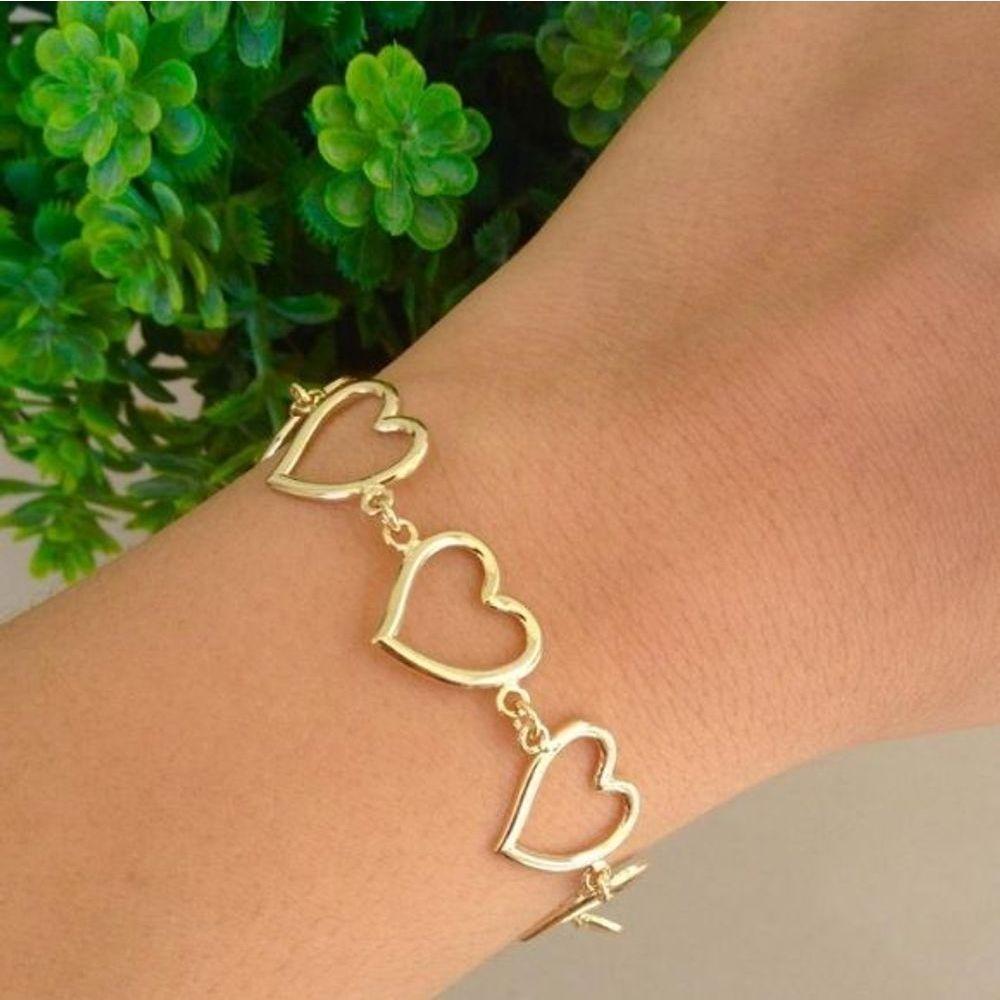 Pulseira Vários Corações Vazados Banhado A Ouro - 1