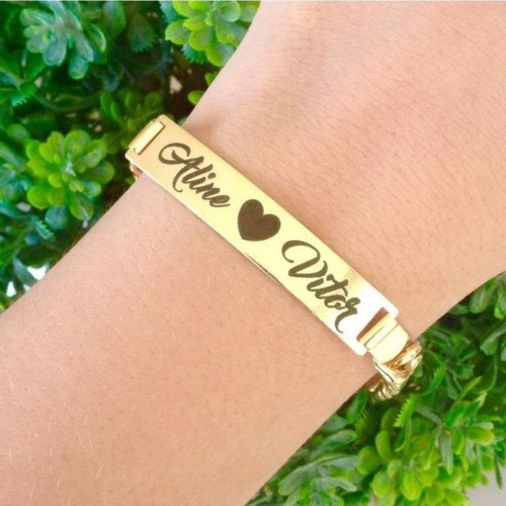 Pulseira De Chapa Com Gravação A Laser Banhado A Ouro - 1
