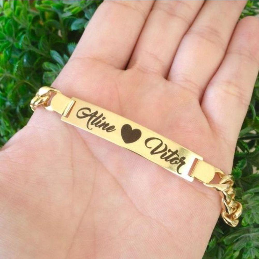 Pulseira De Chapa Com Gravação A Laser Banhado A Ouro - 3