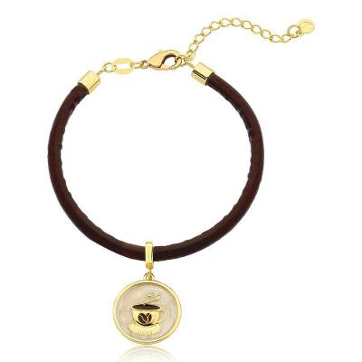 Pulseira De Couro Vl Café C/Medalha Xícara Revestida Em Ouro