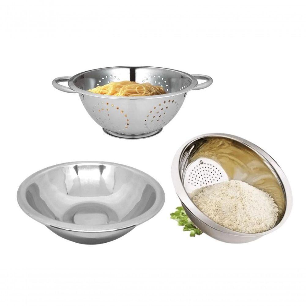 Kit Aço Inox 3pçs Escorredor De Macarrão Arroz Bowl 24Cm - 1