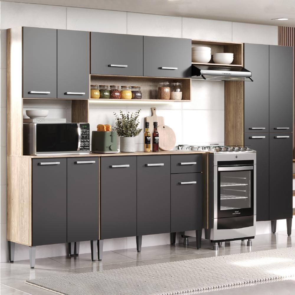 Armário Cozinha Completa Arizona Plus Carvalho Com Preto Carraro - 1