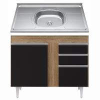 Balcão Gabinete Com Pia Inox 100cm 3 Portas 2 Gavetas preto - 1