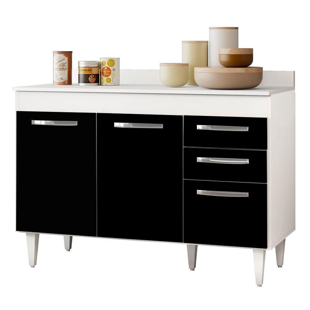Balcão Gabinete De Pia Com Tampo Suécia 120Cm 03 Portas Branco Preto - 1