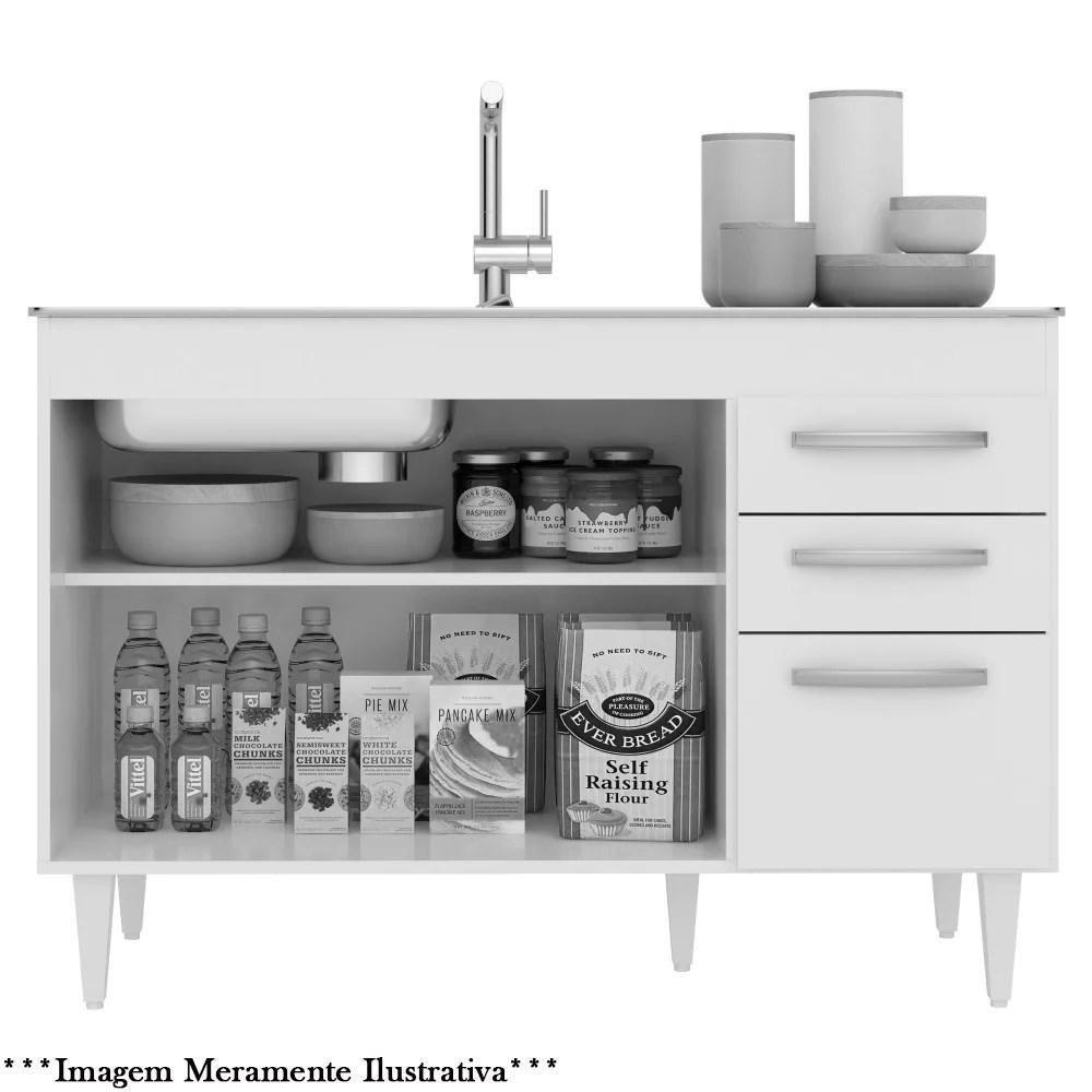 Balcão Gabinete De Pia Com Tampo Suécia 120Cm 03 Portas Branco Preto - 4