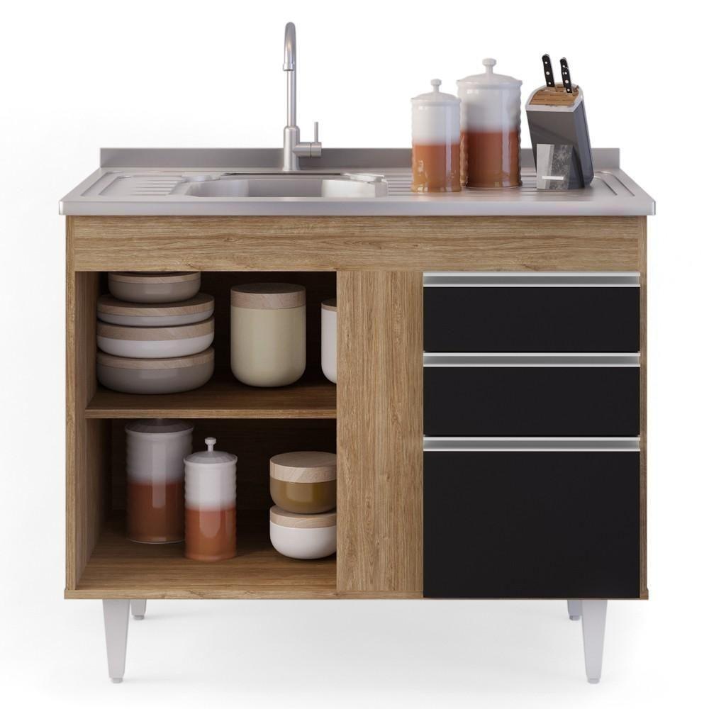 Balcão Com Pia Inox 100cm 3 Portas 2 Gavetas Castanho/Preto - 5