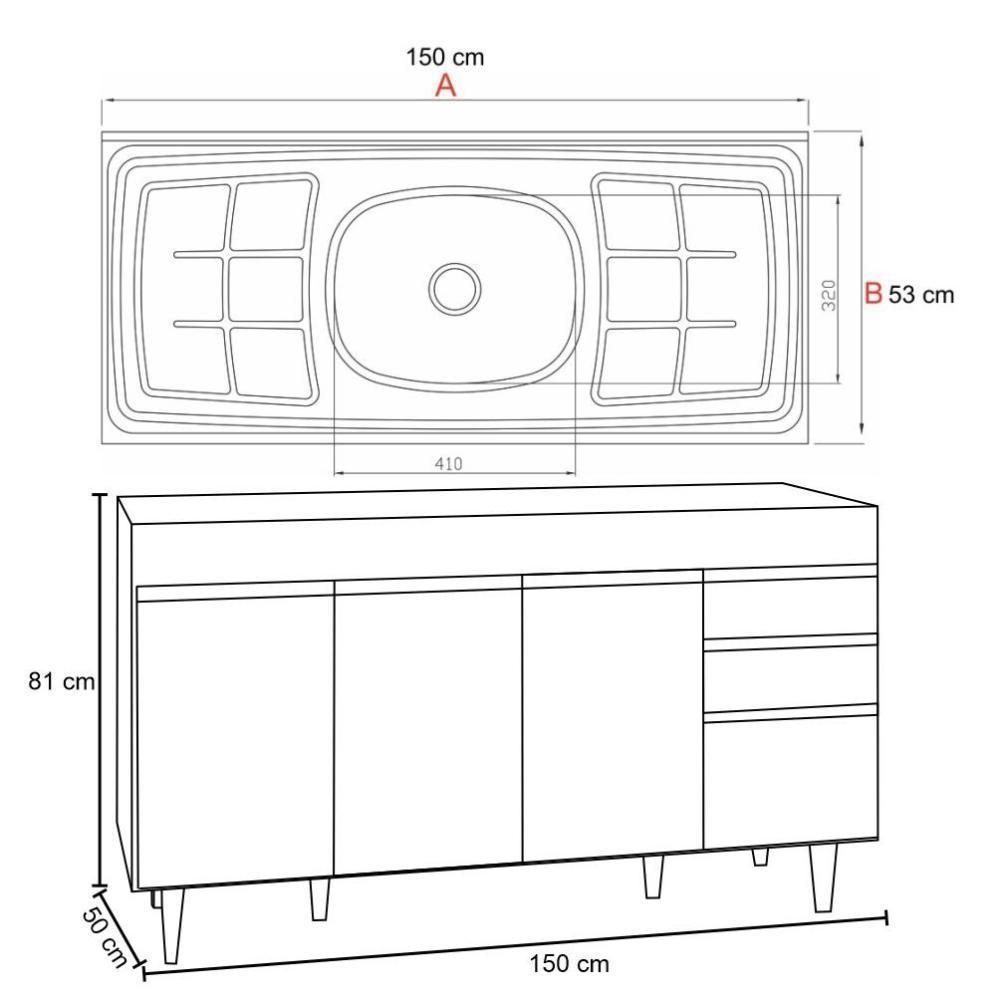 Balcão Gabinete Com Pia Inox 150cm 4 Portas 2 Gavetas Preto - 2