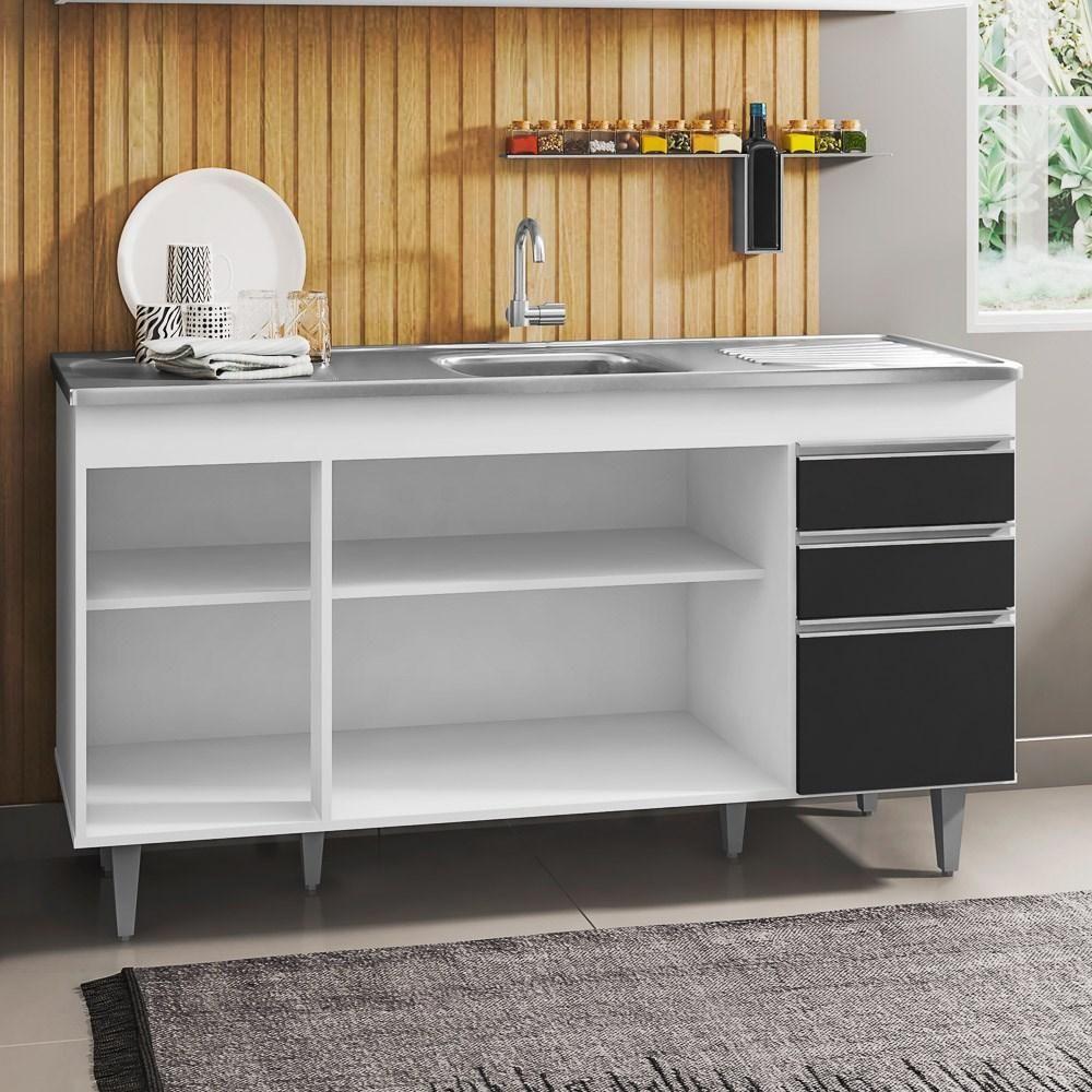 Balcão Com Pia Inox 150cm 4 Portas 2 Gavetas Branco/Preto - 4