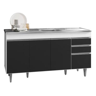 Balcão Com Pia Inox 150cm 4 Portas 2 Gavetas Branco/Preto