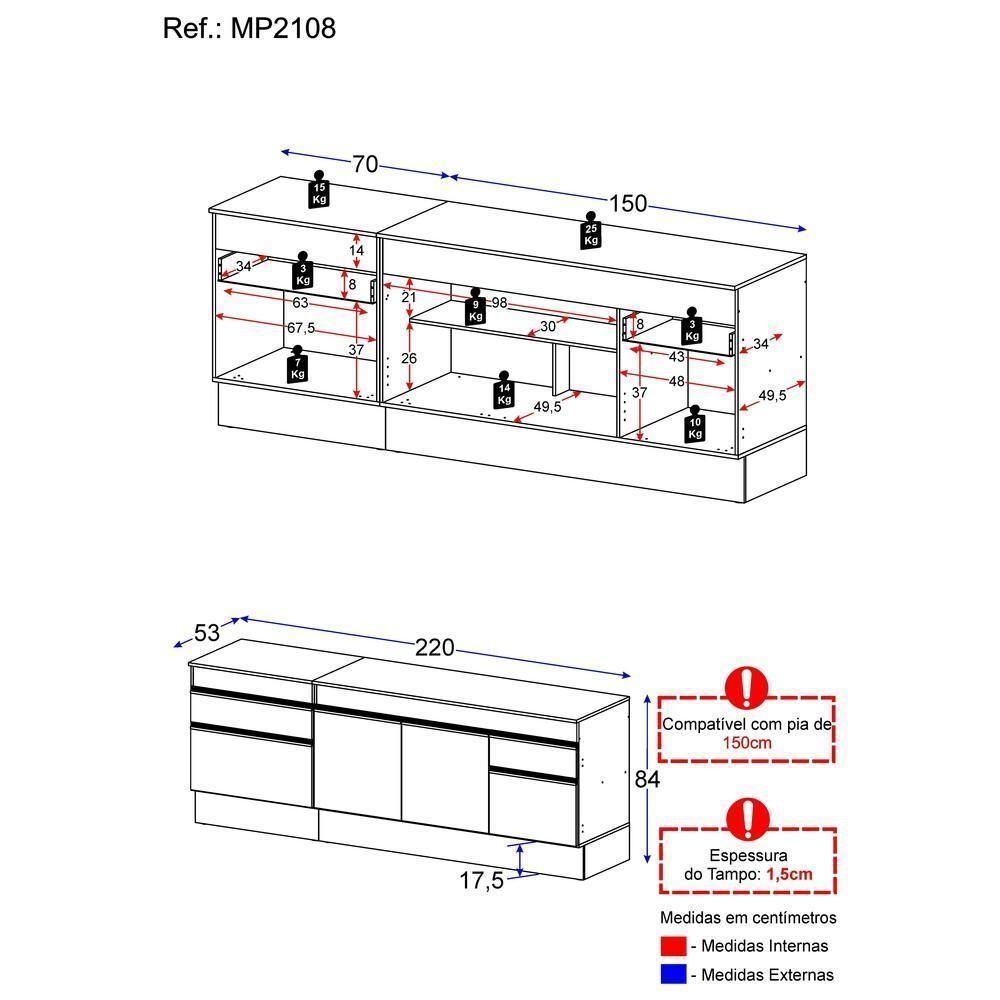 Kit 2 Balcões Com Rodapé Gabinete Pia 150 Cm E Cooktop 70 Cm Veneza Gw Multimóveis Mp2108 Branco - 4