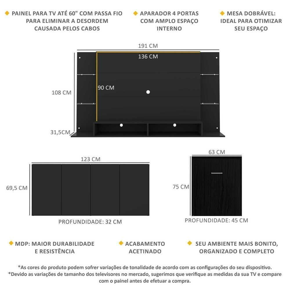 Conjunto Sala De Estar Painel Tv 60 Aparador e Mesa Dobrável - 3