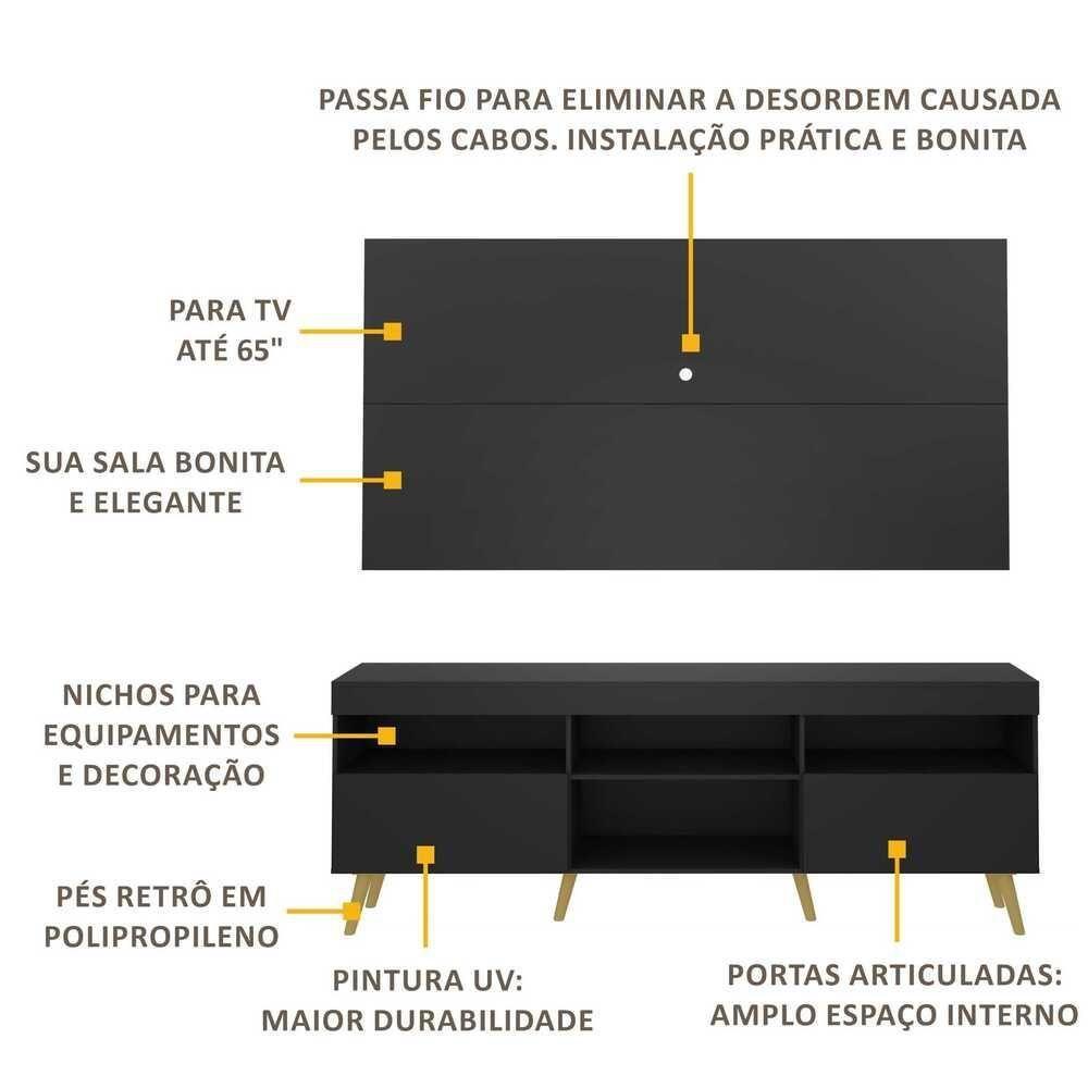 Rack Retrô Com Painel Para Tv Até 65´´ Flórida Fg3133 Preto/natural - 7