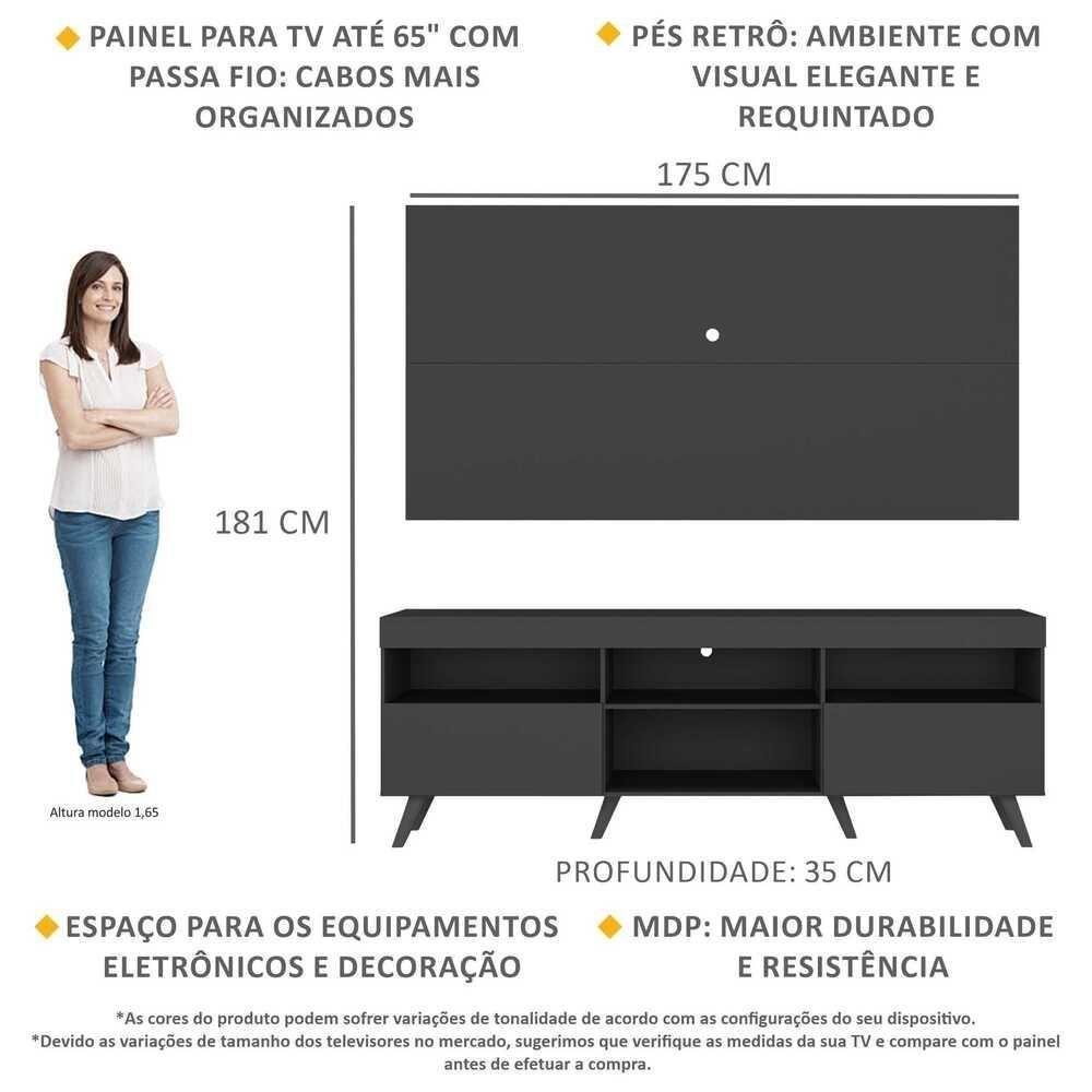 Rack C/ Painel Tv 65" Retrô Holanda Br3133 Preto - 5