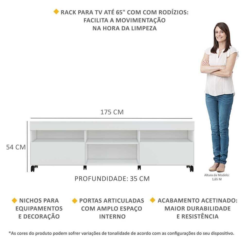 Rack Tv 65'' Com Rodízios 2 Portas Paris Multimóveis Branco - 6