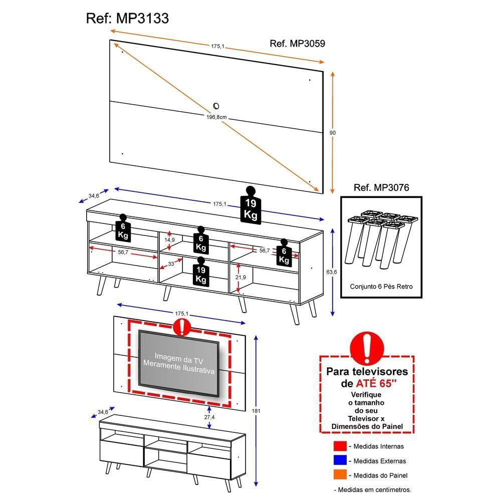 Rack com Painel TV até 65" e Pés Retrô Flórida Multimóveis - 6