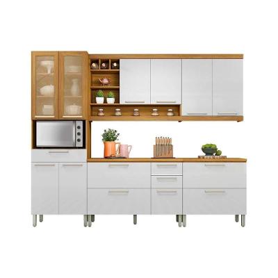 Cozinha Completa Burguesa Premium MDF Branco e Freijó Kit 5 Peças com Balcões Aéreos e Paneleiro